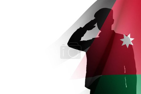 Téléchargez les illustrations : Silhouette d'un soldat saluant avec drapeau jordanien sur fond blanc. Concept - Jour de l'indépendance. Vecteur EPS10 - en licence libre de droit