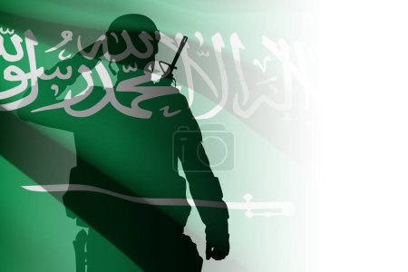 Silhouette eines Soldaten mit saudi-arabischer Flagge auf weißem Hintergrund. Konzept - Streitkräfte Saudi-Arabiens. Hintergrund der Feiertage. EPS10-Vektor