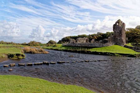 Ruins of Ogmore Castle in Vale of Glamorgan river. Ogmore by Sea, Glamorgan, Wales, United Kingdom