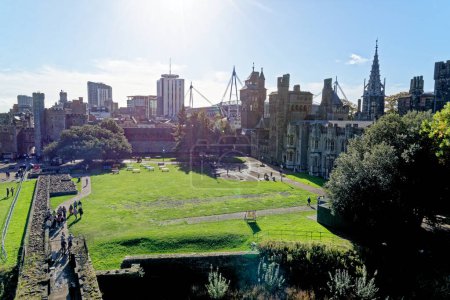 Photo for Cardiff Castle and the Millennium Stadium from the Castle Keep. Cardiff, Glamorgan, Wales, United Kingdom - 16th of October 2022 - Royalty Free Image