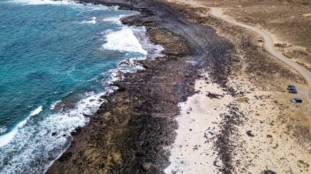 Foto de Vista aérea de Playa del Mejillón o Playa del Bajo de la Burra, llamada Popcorn Beach - España, Islas Canarias, Fuerteventura. 24.09.2023 - Imagen libre de derechos