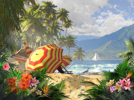 Téléchargez les photos : Beach umbrella and chair on a tropical island beach and a sailboat off in the distances - en image libre de droit