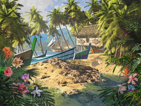 Téléchargez les photos : Polynesian fishing village with thatched hut, colorful dinghy's and clipper ship off in the distances - en image libre de droit
