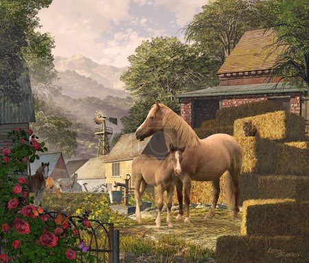 Téléchargez les photos : A farm scene of a pony mare with little foal next to bales of hay - en image libre de droit