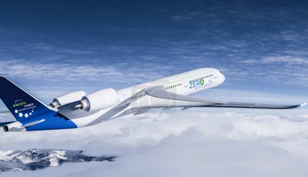 Foto de Avión comercial de propulsión eléctrica Avión que vuela en el cielo de bue - concepto futuro de la aviación de la electro energía. renderizado 3d - Imagen libre de derechos