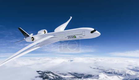 Foto de Avión comercial de propulsión eléctrica Avión que vuela en el cielo de bue - concepto futuro de la aviación de la electro energía. renderizado 3d - Imagen libre de derechos