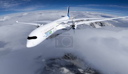 Téléchargez les photos : Avion de ligne commercial à propulsion électrique Avion volant dans le ciel étoilé - futur concept d'aviation électro-énergétique. Rendu 3d - en image libre de droit