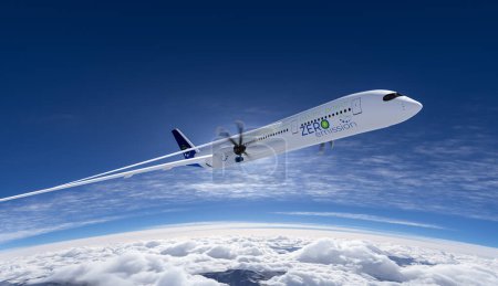 avión comercial de propulsión eléctrica Avión que vuela en el cielo de bue - concepto futuro de la aviación de la electro energía. renderizado 3d