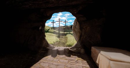 Jesus Christ resurrection the stone is rolled away from the grave and the light comes in. Three crosses on the hill from inside the tomb. Easter concept. 