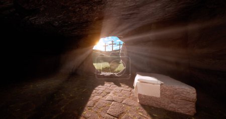 Jesus Christ resurrection the stone is rolled away from the grave and the light comes in. Three crosses on the hill from inside the tomb. Easter concept.