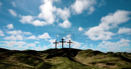 Photo for Three crosses on the hill with clouds moving on blue starry sky. Easter, resurrection, new life, redemption concept. - Royalty Free Image