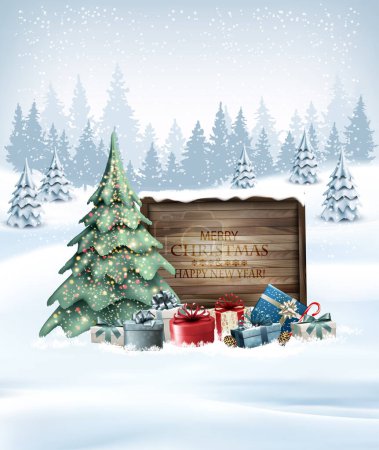 Photo for Holiday Merry Christmas and Happy New Year background with Christmas tree, colorful gift boxes and wooden sign. Vector - Royalty Free Image