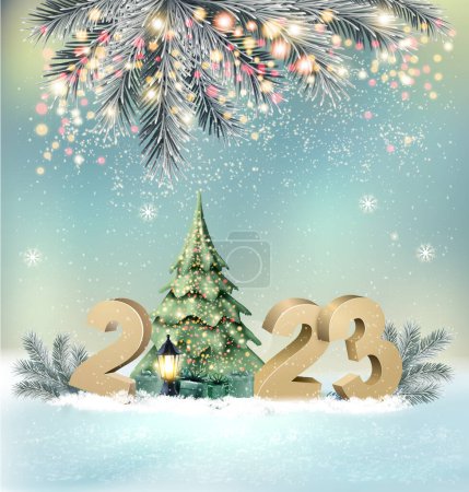 Photo for Merry Christmas and Happy New Year background with a 2023 letters, christmas abstract tree and glowing christmas tree lights. Vector. - Royalty Free Image