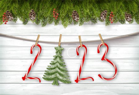 Photo for Holiday Merry Christmas and Happy New Year background with branch of tree and christmas candy cane, tree on the rope. Vector - Royalty Free Image
