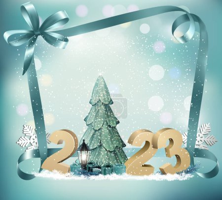 Photo for Merry Christmas and Happy New Year Background with 2023 and gift boxes and blue ribbons. Vector - Royalty Free Image
