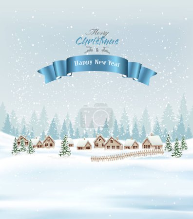 Photo for Festive Christmas background with winter village and fir trees covered with snow. Vector. - Royalty Free Image