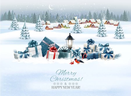 Feiertage Weihnachten und ein gutes neues Jahr Hintergrund mit einem Winterdorf und bunten Geschenken. Vektor. 