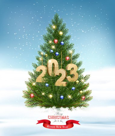 Photo for Merry Christmas and Happy New Year background with Christmas tree and colorful balls and golden letters 2023. Vector. - Royalty Free Image