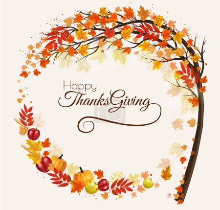 Illustration for Happy Thanksgiving Holiday background with autumn tree with colorful leaves and vegetables and fruit. Vector. - Royalty Free Image