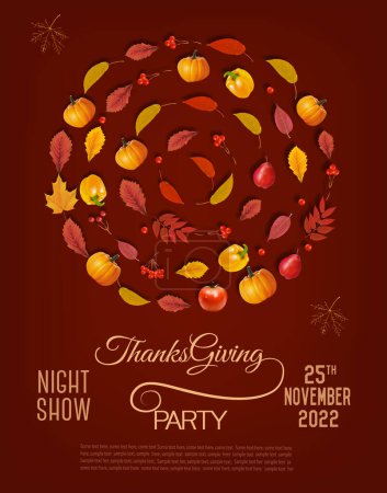 Photo for Happy Thanksgiving Flyer with colorful leaves, pumpkins and fresh fruit and vegetables. Vector. - Royalty Free Image