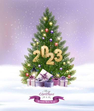 Photo for Merry Christmas and Happy New Year background with Christmas tree and colorful gift boxes and golden letters 2023. Vector. - Royalty Free Image