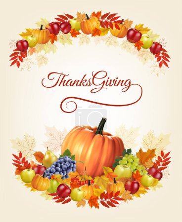 Photo for Happy Thanksgiving Background with colorful leaves, pumpkins and fresh fruits. Vector. - Royalty Free Image
