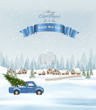 Photo for Festive Christmas background with a winter village, snow-covered fir trees and a blue car is driving a Christmas tree for a  holiday. Winter illustration, banner, card - Royalty Free Image