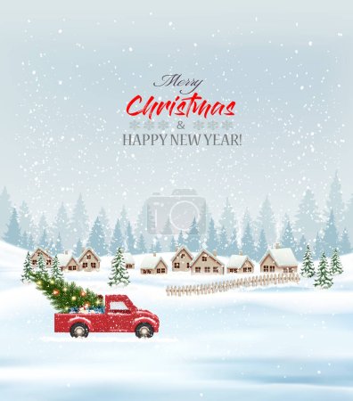 Photo for Festive Christmas background with a winter village, snow-covered fir trees and a red car is driving a Christmas tree for a  holiday. Winter illustration, banner, card - Royalty Free Image