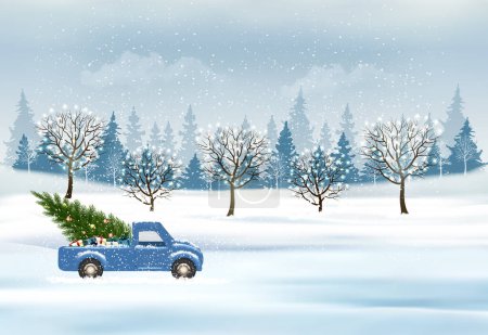 Photo for Holiday Christmas and Happy New Year background with evening landscape and trees with garland and a red car is driving a Christmas tree. Winter illustration, banner, vector - Royalty Free Image