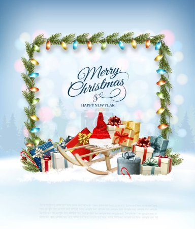 Photo for Merry Christmas and Happy New Year Background with winter landscape. Colorful gift boxes with Santa Hat on sleigh in frame with pine branches and  bright multicolor garland. Vector - Royalty Free Image