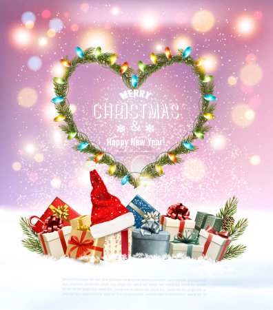 Photo for Merry Christmas and Happy New Year Background  with christmas wreath. Colorful gift boxes with Santa Hat and bright multicolor garland. Vector - Royalty Free Image
