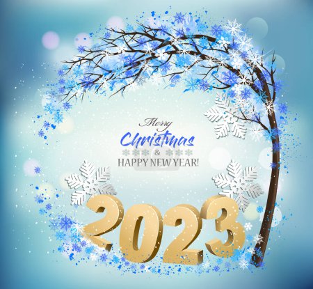 Illustration for Merry Christmas and Happy New Year Background with 2023 letters and christmas tree with snowflakes. Vector - Royalty Free Image