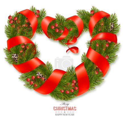 Illustration for Happy Holiday background. Branches of Christmas Tree with berries and pine the shape of a heart. Frame and red ribbon. Vector - Royalty Free Image
