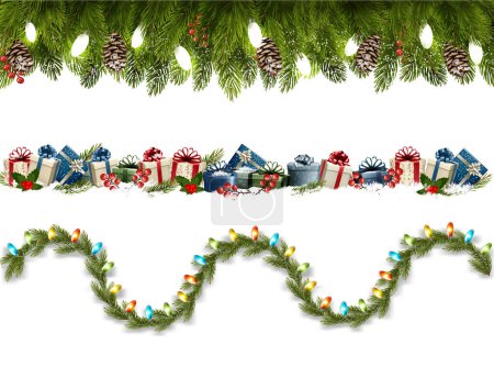 Téléchargez les illustrations : Branches d'arbre de Noël et guirlande avec des ampoules colorées de la forme d'une ligne ondulée et planche avec des boîtes-cadeaux colorées Guirlande décorative transparente. Effet de bordure léger de Noël. Élément de décor de vacances. Vecteur. - en licence libre de droit