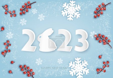 Téléchargez les illustrations : Joyeux Noël et bonne année fond avec un 2023 lettres, baies rouges et flocons de neige. Année du concept de lapin. Vecteur - en licence libre de droit