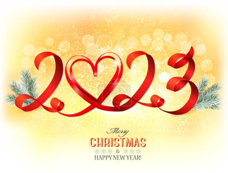 Ilustración de Feliz Navidad y Feliz Año Nuevo Amarillo Fondo Brillante con 2023 lettes y el corazón de cinta roja y ramas del árbol de Navidad. Vector - Imagen libre de derechos