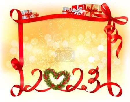Illustration for Merry Christmas and Happy New Year Background with letters 2023 made of red ribbon and branches of a Christmas tree with berries and fir cones in the shape of a heart. Vector - Royalty Free Image