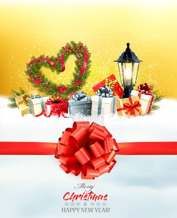 Ilustración de Feliz Navidad y Feliz Año Nuevo Fondo amarillo brillante con ramas de árbol de Navidad en forma de corazón y coloridas cajas de regalo. Vector - Imagen libre de derechos