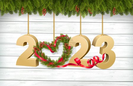 Téléchargez les illustrations : Joyeux Noël et Bonne Année Fond avec 2023 lettres et branches de sapin de Noël avec des baies et du pin en forme de coeur. Vecteur - en licence libre de droit
