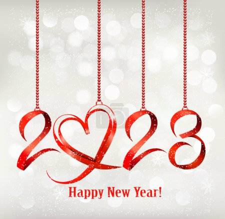Illustration for Merry Christmas and Happy New Year Background with 2023 letters and heart made from red ribbon. Vector - Royalty Free Image
