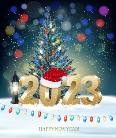 Illustration for New Year and Merry Christmas Holiday Background with 2023 with Santa hat and colorful garland. Vector. - Royalty Free Image