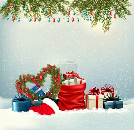 Illustration for Merry Christmas and Happy New Year background with heart shaped Christmas tree branches, colorful gift boxes and sack full presents. Vector - Royalty Free Image
