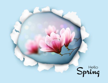 Illustration for Hole in paper revealing a revealing spring blossom magnolia branches. Vector. - Royalty Free Image
