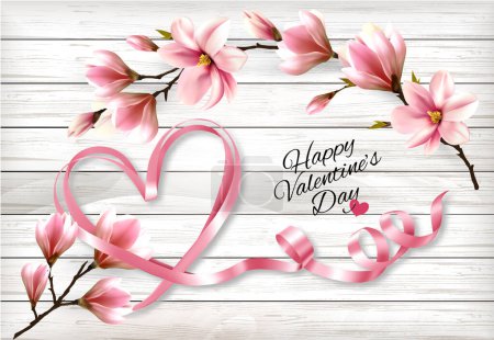 Ilustración de Pink magnolia flowers and ribbon shape heart on a wooden sign. Valentine's Day background. Vector illustration - Imagen libre de derechos