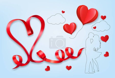 Téléchargez les illustrations : Happy Valentine's Day getting card  with a red heart shape ribbon and couple in love. Vector. - en licence libre de droit