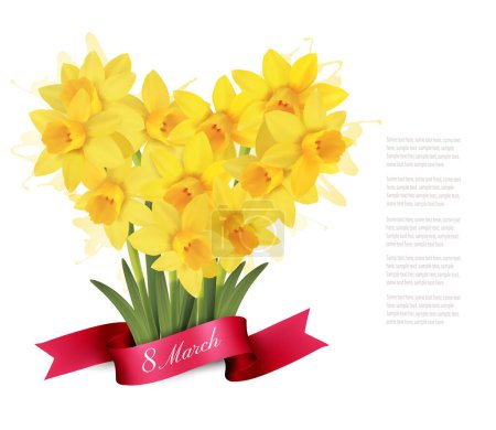 Téléchargez les illustrations : 8th March illustration with bouquet of yellow narcissus flowers in shape heart and ribbon. International Women's Day. Vector. - en licence libre de droit