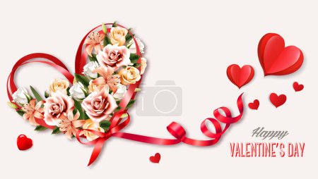 Téléchargez les illustrations : Happy Valentine's Day getting card  with Colorful Flowers collected in the shape of a heart and a red ribbon. Vector. - en licence libre de droit