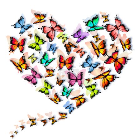 Téléchargez les illustrations : Holiday Getting Card with Beautiful Colorful Butterflies the Shape of a Heart Card. Pattern for greeting or invitation to a wedding. Vector illustration - en licence libre de droit