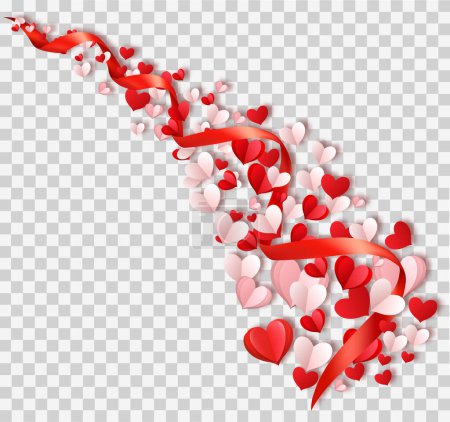 Illustration for Red, pink and white flying hearts and red ribbon isolated on a transparent background. Happy Valentine's Day background. Vector illustration. - Royalty Free Image
