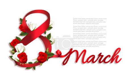 Illustration for Holiday flower background with red and white roses and red ribbon. 8th March International Women Day celebration background. Vector. - Royalty Free Image
